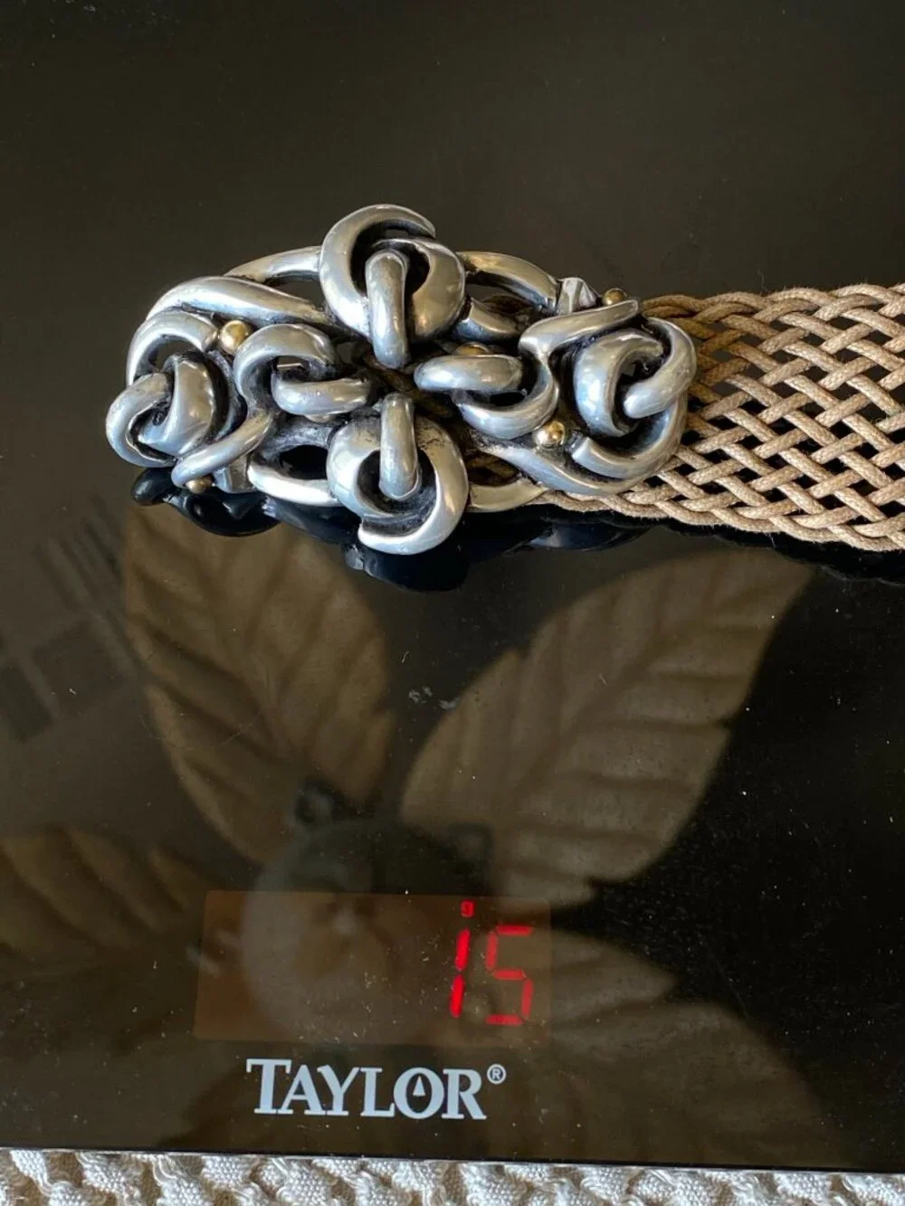 VTG Connie Bates Fahrenheit NY Anemone Belt Woven Mesh Linen Swirl Pewter Brass